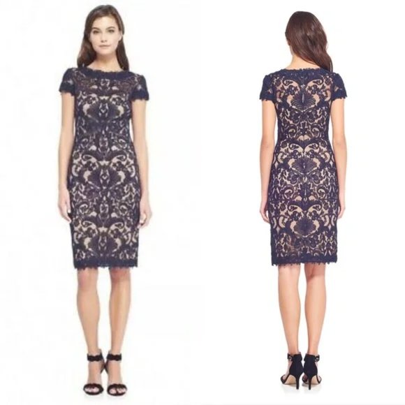 NEW TADASHI SHOJI Lace CORDED EMBROIDERY TULLE CAP SLEEVE DRESS Navy SZ 4 #1175 - Picture 1 of 9